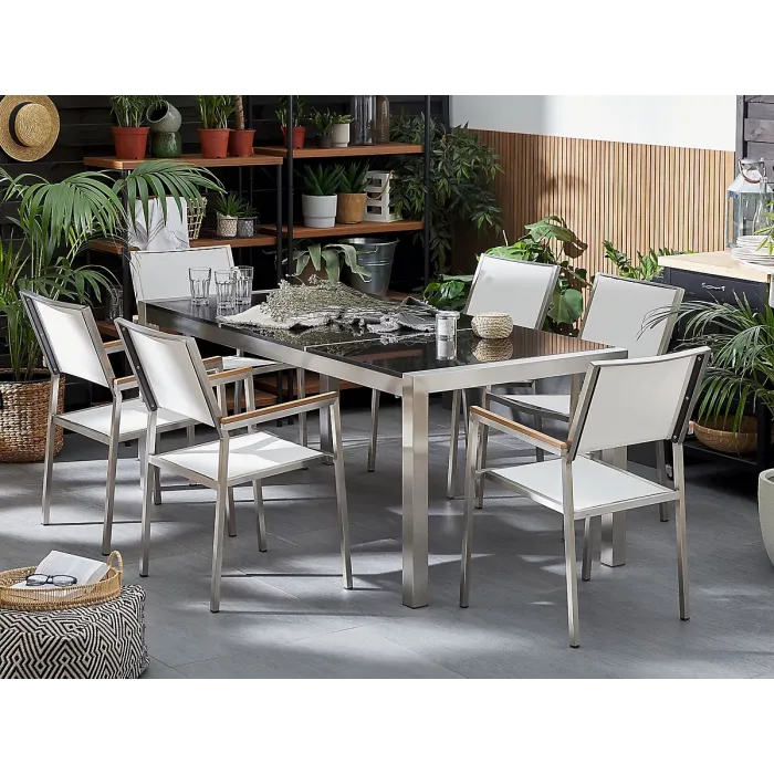 Garden Dining Set 6 Seater GROSSETO Triple Plate Granite Polished Black/ White