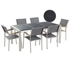 Garden Dining Set 6 Seater GROSSETO Triple Plate Granite Polished Grey/ Black