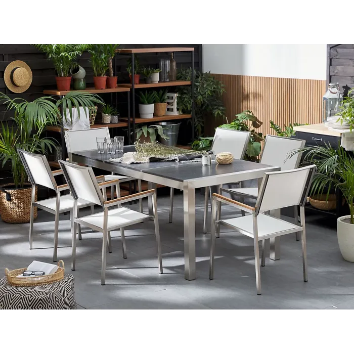 Garden Dining Set 6 Seater GROSSETO Triple Plate Basalt Flamed Black/ White