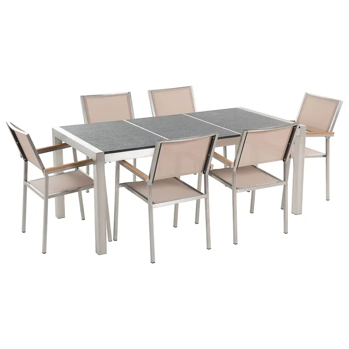 Garden Dining Set 6 Seater GROSSETO Triple Plate Basalt Flamed Black/ Beige