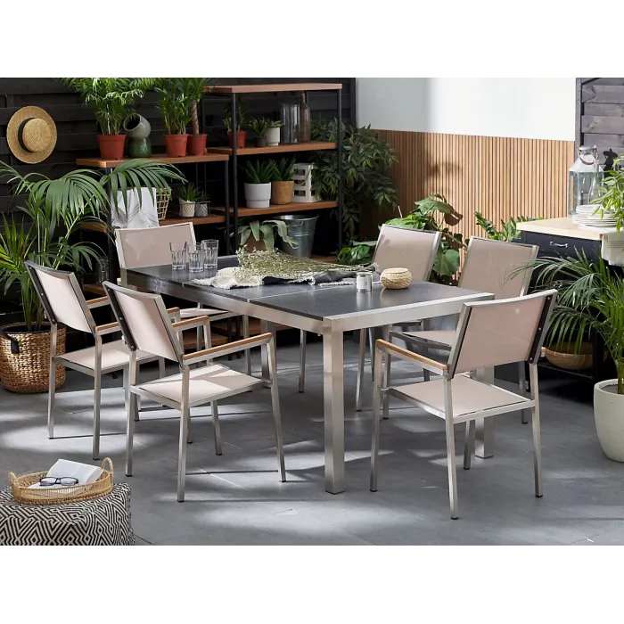 Garden Dining Set 6 Seater GROSSETO Triple Plate Basalt Flamed Black/ Beige
