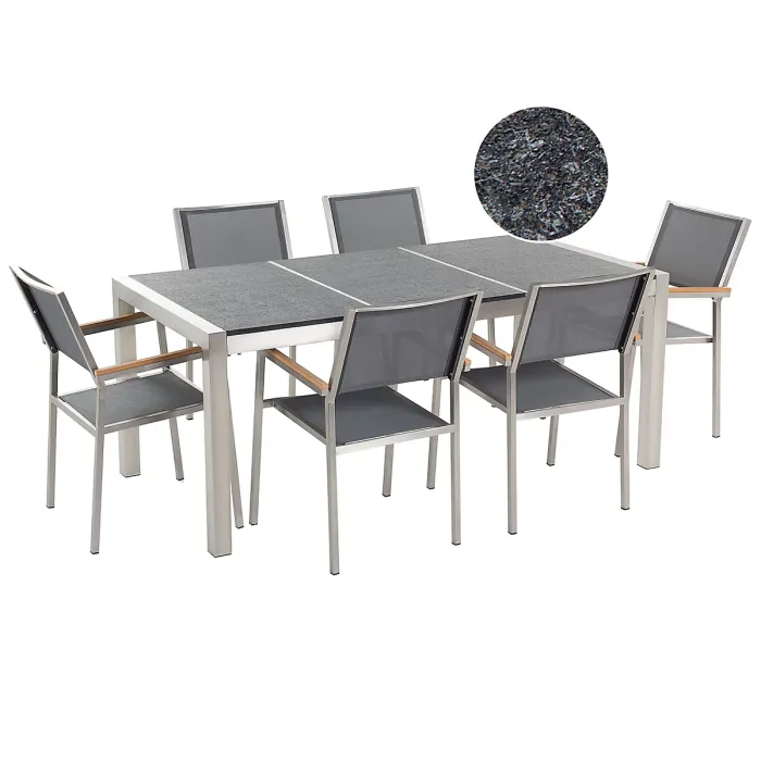 Garden Dining Set 6 Seater GROSSETO Triple Plate Basalt Flamed Black/ Grey