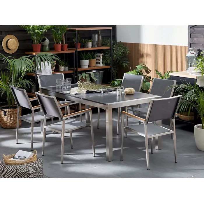 Garden Dining Set 6 Seater GROSSETO Triple Plate Basalt Flamed Black/ Grey