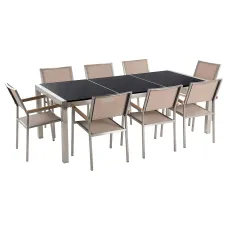 Garden Dining Set 8 Seater GROSSETO Triple Plate Granite Polished Black/ Beige