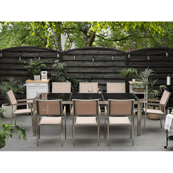 Garden Dining Set 8 Seater GROSSETO Triple Plate Granite Polished Black/ Beige