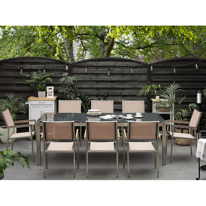 Garden Dining Set 8 Seater GROSSETO Triple Plate Granite Polished Grey/ Beige