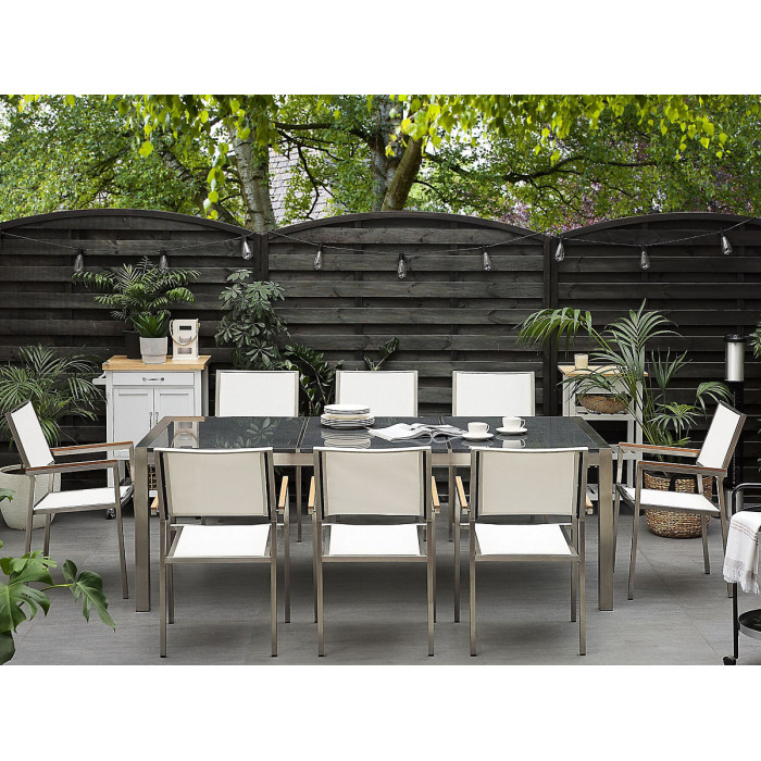Garden Dining Set 8 Seater GROSSETO Triple Plate Granite Polished Grey/ White