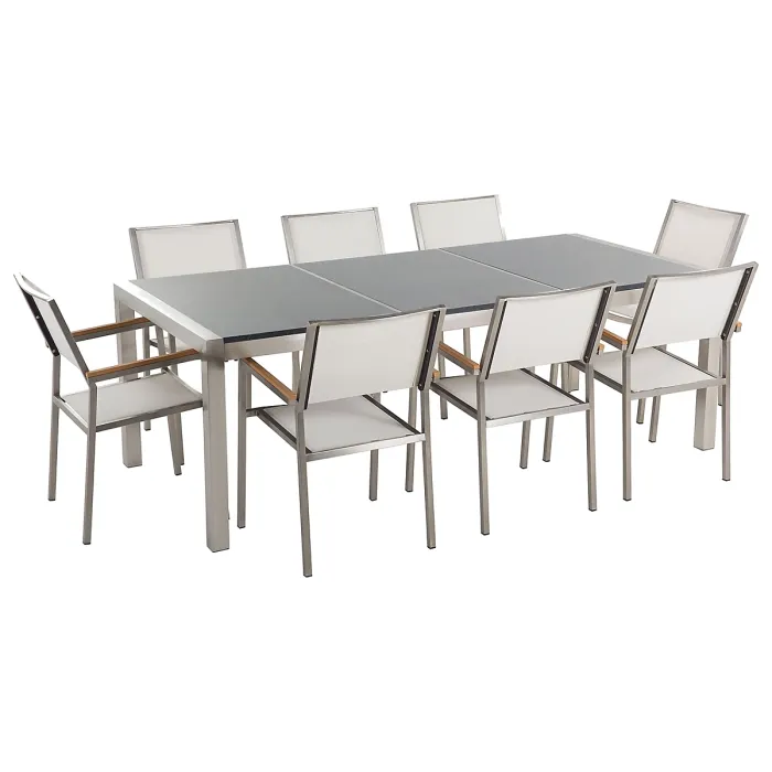 Garden Dining Set 8 Seater GROSSETO Triple Plate Granite Polished Grey/ White