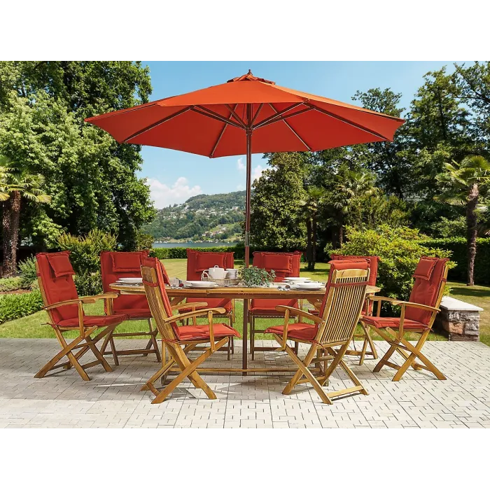 Garden Dining Set 8 Seater MAUI with Parasol Acacia Wood Dark Red