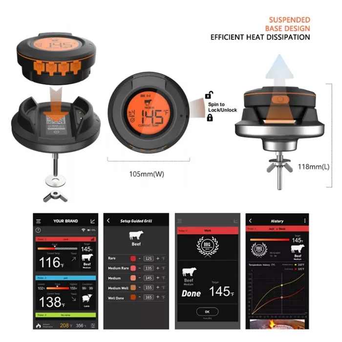 Digital Bluetooth Dome and Food Thermometer with 2 Probes, Expandable to 4 - ToGrill BBQ Thermometer