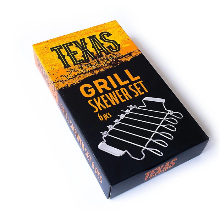 Texas Club Grill Skewers Set - 6 Stainless Steel Skewers with Rack for Convenient and Even Grilling