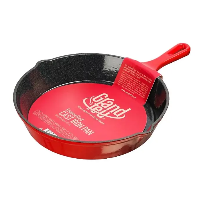 Grandfeu Red Enamelled Cast Iron Frying Pan - 25cm Stylish and Practical Cookware for Steaks, Fish, Pancakes, and More