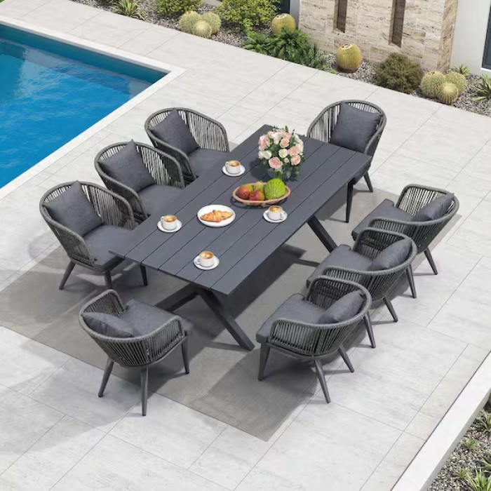  PURPLE LEAF 9-Piece All-Weather Wicker Outdoor Dining Set with Table All Aluminum Frame and Grey Cushions for Garden Backyard Deck
