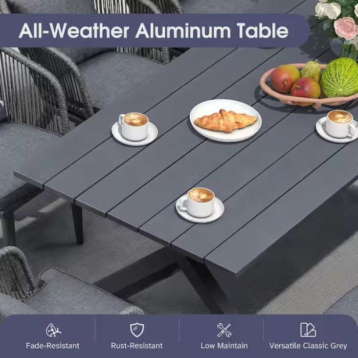  PURPLE LEAF 9-Piece All-Weather Wicker Outdoor Dining Set with Table All Aluminum Frame and Grey Cushions for Garden Backyard Deck