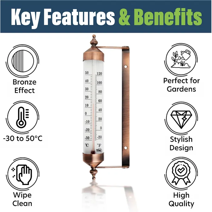 Outdoor Thermometer with Stylish Bronze Effect Design - Attractive Garden Thermometer