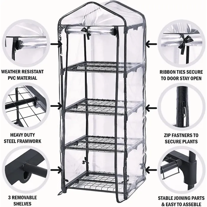 4 Tier Mini Greenhouse Compact Double Zip Sturdy Steel Frame Transparent Plastic PVC Cover Indoor Outdoor Garden 69 x 49 x 160cm