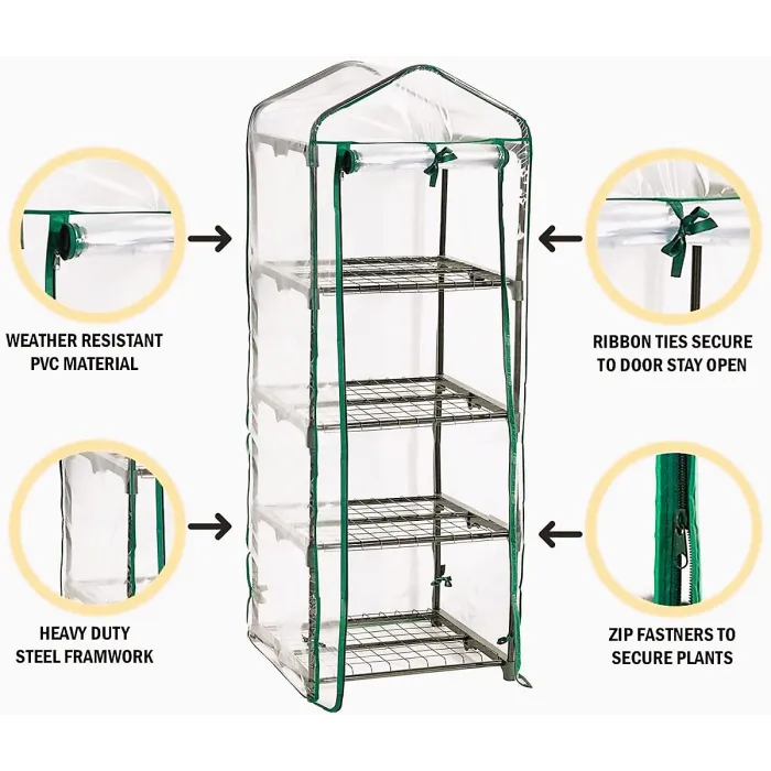 4 Tier Mini Greenhouse Compact Double Zip Sturdy Steel Frame Transparent Plastic PVC Cover Indoor Outdoor Garden 69 x 49 x 160cm