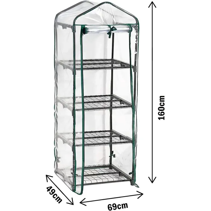 4 Tier Mini Greenhouse Compact Double Zip Sturdy Steel Frame Transparent Plastic PVC Cover Indoor Outdoor Garden 69 x 49 x 160cm