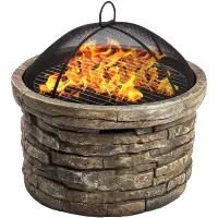 Homeology Fireology SAMUI Khaki Majestic Garden Fire Pit Brazier and Barbecue with Eco-Stone Finish