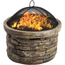 Homeology Fireology SAMUI Khaki Majestic Garden Fire Pit Brazier and Barbecue with Eco-Stone Finish