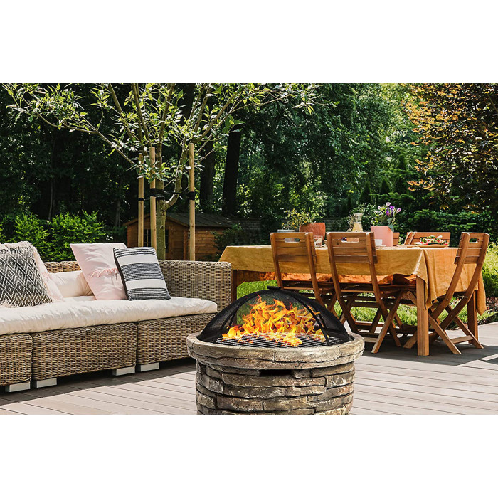 Homeology Fireology SAMUI Khaki Majestic Garden Fire Pit Brazier and Barbecue with Eco-Stone Finish