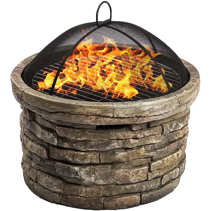 Homeology Fireology SAMUI Khaki Majestic Garden Fire Pit Brazier and Barbecue with Eco-Stone Finish