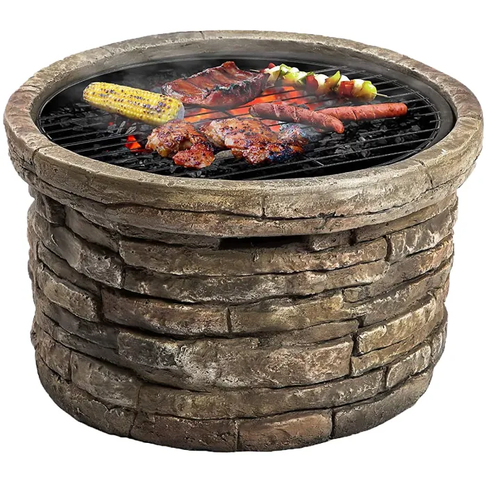 Homeology Fireology SAMUI Khaki Majestic Garden Fire Pit Brazier and Barbecue with Eco-Stone Finish