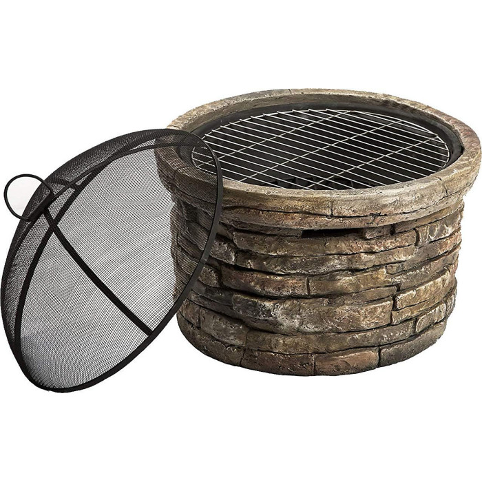 Homeology Fireology SAMUI Khaki Majestic Garden Fire Pit Brazier and Barbecue with Eco-Stone Finish