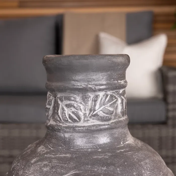 Snug Leaf Motif Clay Chiminea BBQ Grill Leaf Design Rain Lid