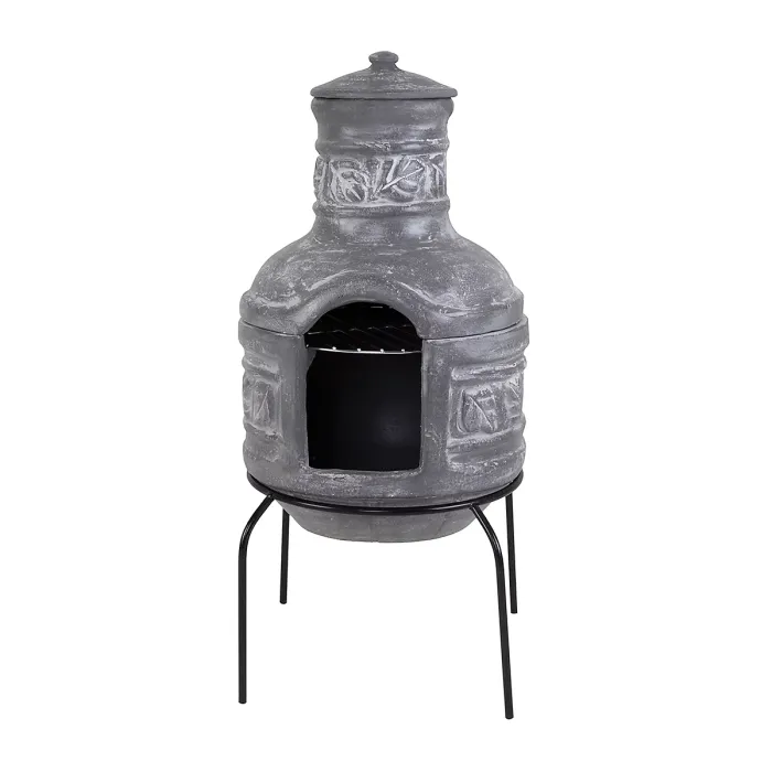 Snug Leaf Motif Clay Chiminea BBQ Grill Leaf Design Rain Lid
