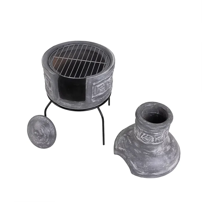 Snug Leaf Motif Clay Chiminea BBQ Grill Leaf Design Rain Lid