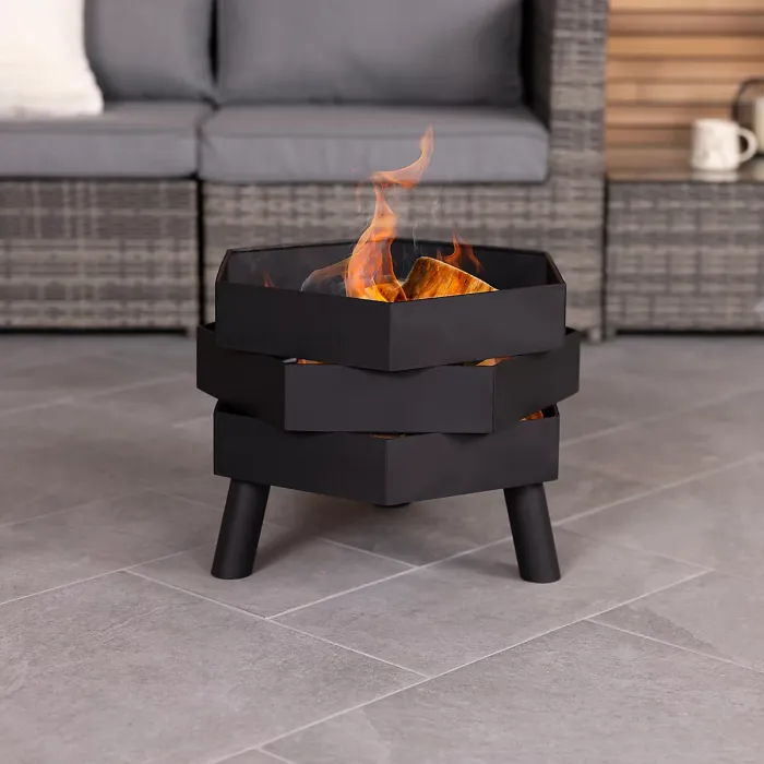 Hexagonal 46cm Black Powder Coated Steel Modern Firepit