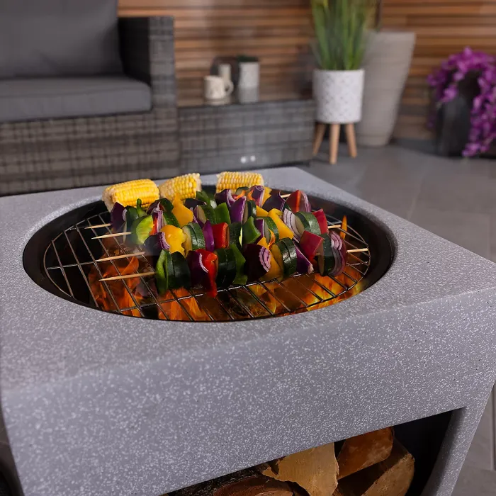 52cm Square Magnesia Fire Pit with Mesh Cover Cooking Grill