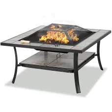Homeology SHANGO Multi-Functional Black with Ceramic Tiles Outdoor Square Heater, Fire Pit, Brazier, Table