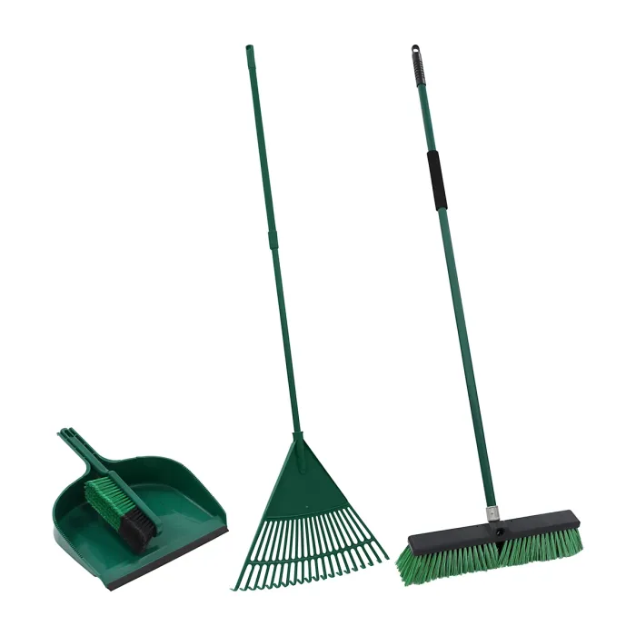 JVL Garden Clean Up Bundle: Includes Outdoor Broom, Dustpan and Brush and Telescopic Rake
