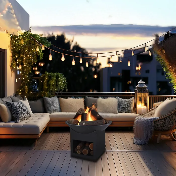 Square Outdoor Modern Garden Fire Pit Bowl on Base Black