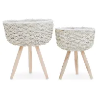 Interiors By Premier Set of 2 White Planters, Woven White Pots With Wooden Legs, White Plant Containers With Inner Lining