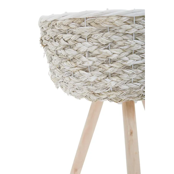 Interiors By Premier Set of 2 White Planters, Woven White Pots With Wooden Legs, White Plant Containers With Inner Lining
