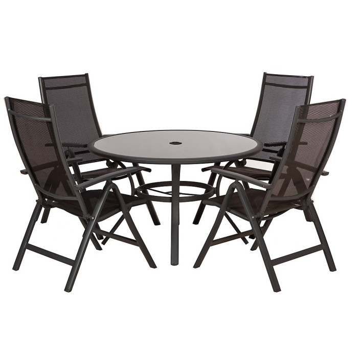 Sorrento 4 Seater Round Dining Recliner Set - Aluminium & Textylene - H71 x W120 x L120 cm - Black