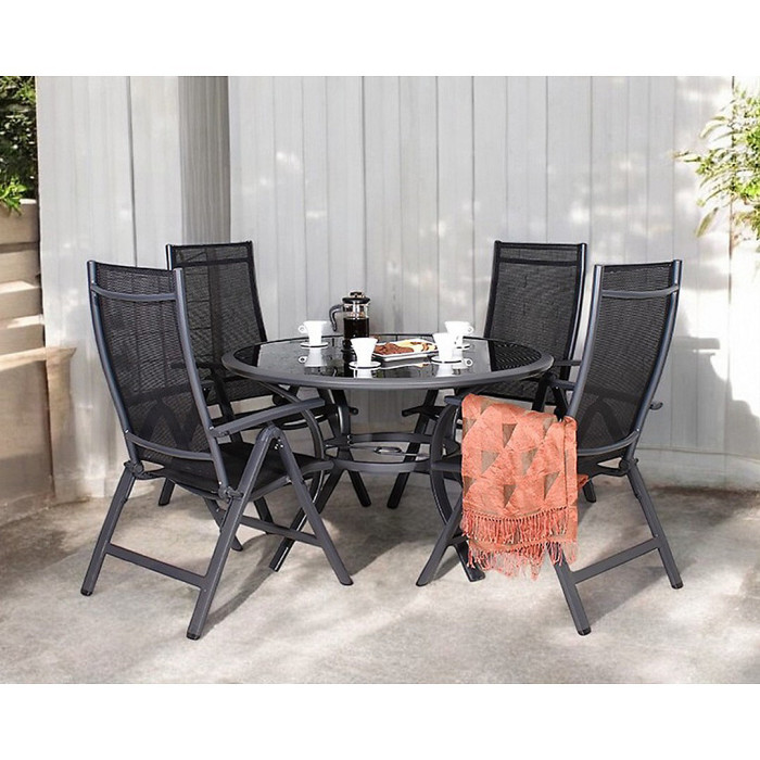 Sorrento 4 Seater Round Dining Recliner Set - Aluminium & Textylene - H71 x W120 x L120 cm - Black