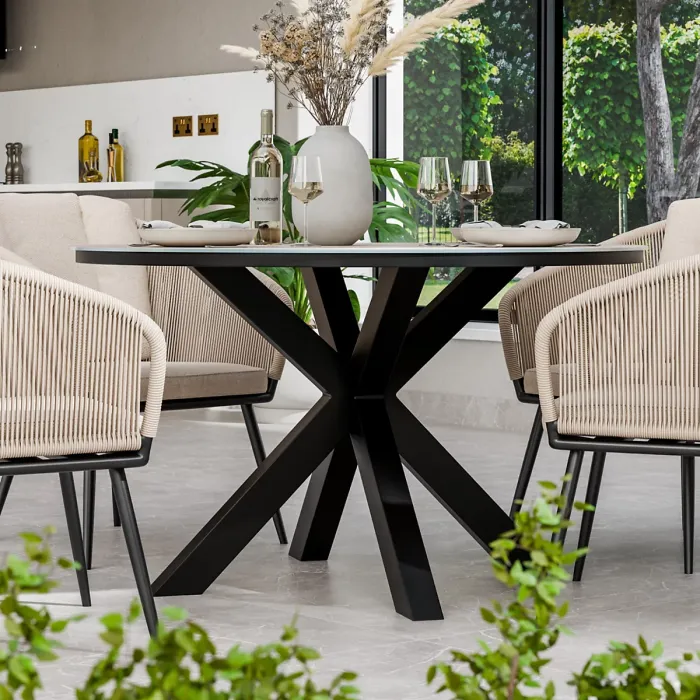 BALI 120cm Round Ceramic Table with 4 Bali Rope Chairs
