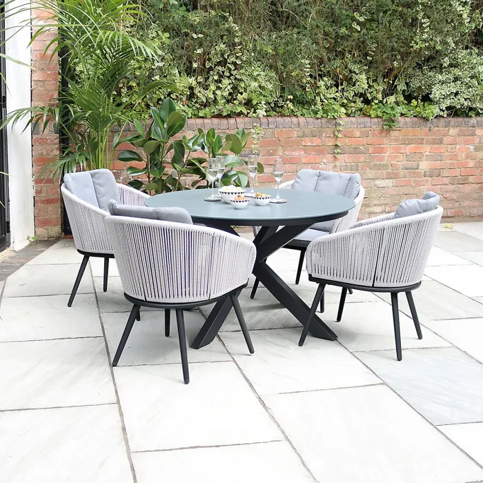 ASPEN 120cm Round ceramic grey top with 4 rope chairs