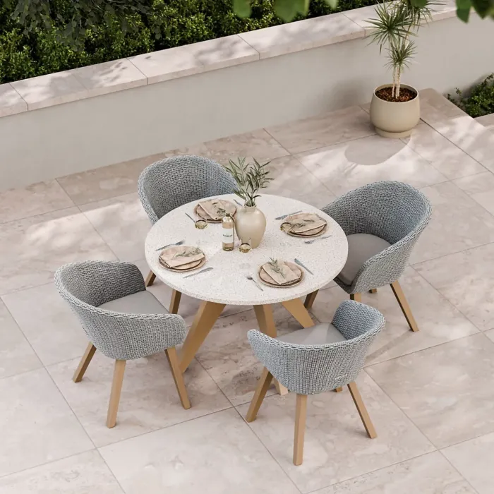 ASTRAL 120cm Round concrete Terrazzo design table with 4 Sol Dining Chairs