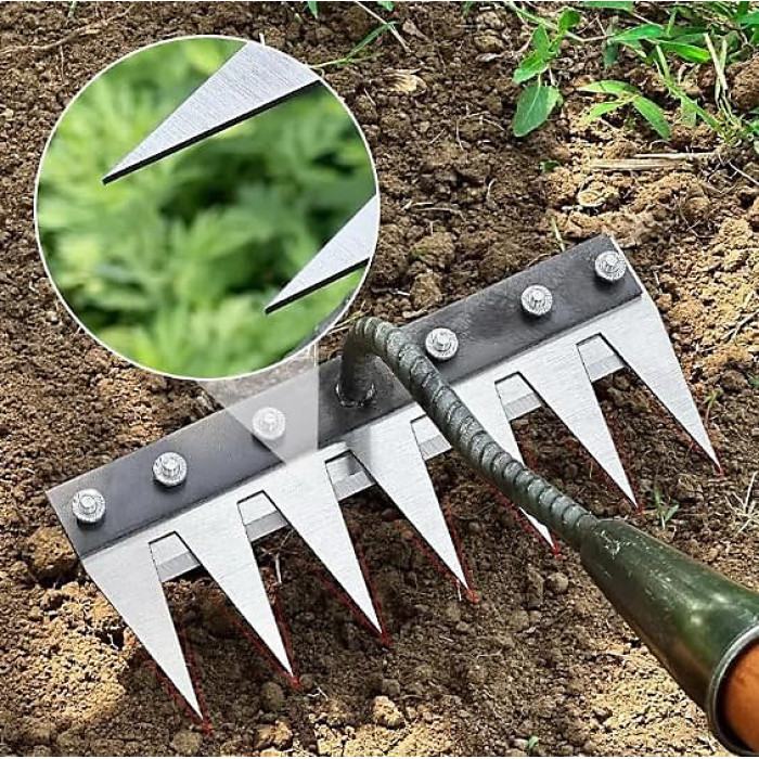 5 tines Iron Weed Rake Upgraded Multifunctional Weed Artifact Detachable Spike Hoe Iron Rake for Gardening and Weeding