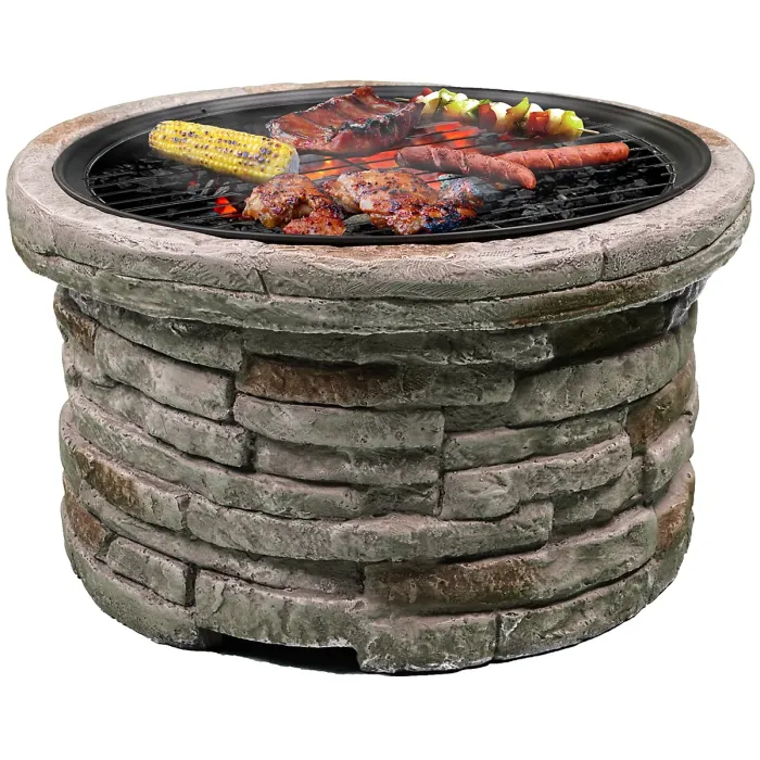 Homeology Fireology SAMUI Beige Majestic Garden Fire Pit Brazier and Barbecue with Eco-Stone Finish