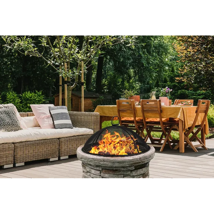 Homeology Fireology SAMUI Beige Majestic Garden Fire Pit Brazier and Barbecue with Eco-Stone Finish
