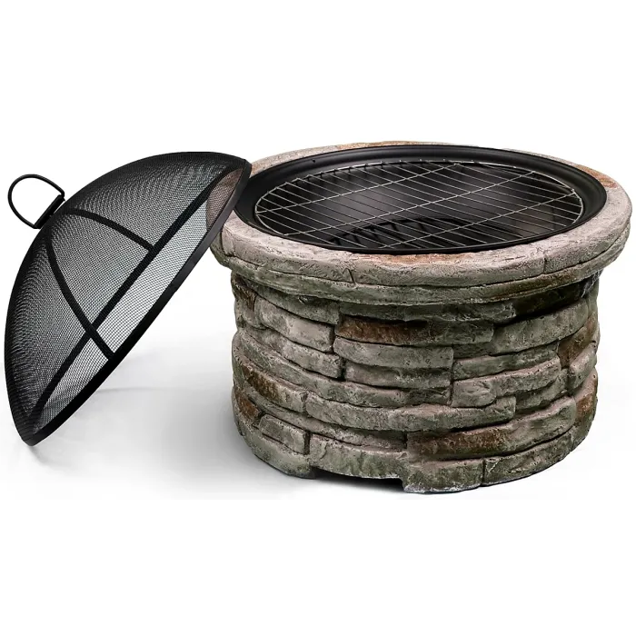 Homeology Fireology SAMUI Beige Majestic Garden Fire Pit Brazier and Barbecue with Eco-Stone Finish