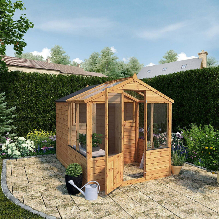 Waltons 8 x 6 Traditional Wooden Greenhouse with Side Potting Shed Apex Tongue and Groove