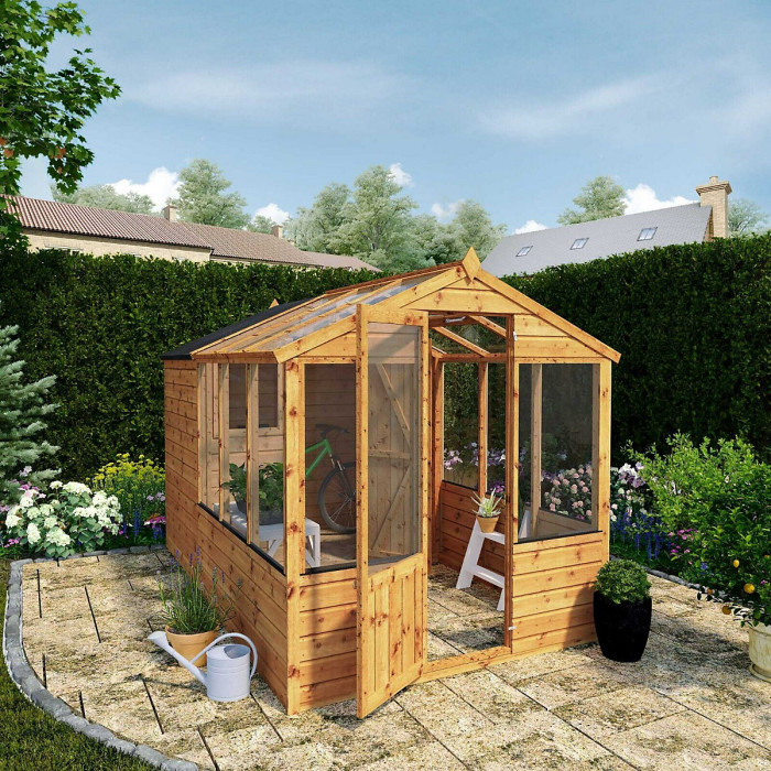 Waltons 10 x 6 Traditional Wooden Greenhouse with Side Potting Shed Apex Tongue and Groove
