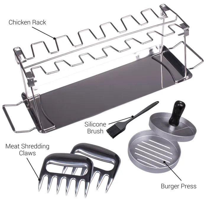 Valiant BBQ Accessory Kit. Includes Burger Press, Chicken Rack, Shredding Claws and Basting Brush